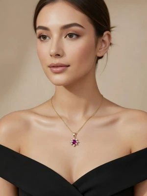 Guldhalsband med röd sten och kristaller - Snyggt halsband med tunn guldfärgad kedja och ett hängsmycke format som en stjärna. Hängsmycket har en stor röd oval sten i mitten och omges av små klara kristaller som ger extra bling. Perfekt för dig som gillar statement-smycken och vill sticka ut.