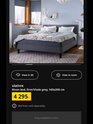 SÄBÖVIK kontinentalsäng 160x200 grå - Säljer en SÄBÖVIK kontinentalsäng från IKEA i färgen Vissle grå. Sängen har en stilren, rektangulär form med mjukt tygklädd stomme och höga ben. Perfekt för dig som vill ha en modern och enkel säng med plats för två. Madrass och sängram ingår.
