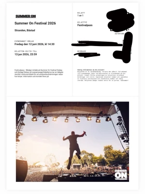 Summer On Festivalpass 2st - Säljer 2 stycken festivalpass till Summer On Festival 2026 i Båstad. Gäller för inträde till festivalen från 12 juni kl 14:30 till 13 juni 23:59. Skriv för frågor och funderingar🩷