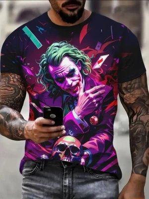 T-shirt Joker - Warner licensierad Joker grafik T-shirt. Bokstavsrund hals, 3D-tryck. Kortärmad. Polyester. T-shirt för män och kvinnor.