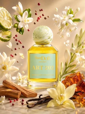 SweDoft ART 202 Eau de Parfum - SweDoft ART 202 Eau de Parfum från Modernart Collection har en elegant glasflaska med marmorerad rund kork och ljusblå etikett med gulddetaljer. Doften har inslag av citrus, blommor, vanilj och trä, vilket ger en fräsch och lyxig känsla. Flaskan rymmer 100 ml.