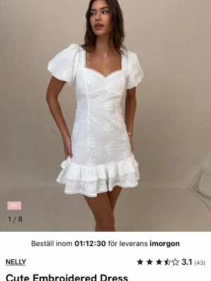 Vit broderad kortklänning från Nelly - Superfin klänning från nelly, råkade beställa fel storlek så haf inte använt eller testat den! Vid en snabb affär kan jag gå ner i pris! Kostar 600kr orginal