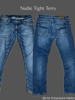 Nudie Jeans Tight Terry - Säljer ett par blå  jeans från Nudie, modellen Tight Terry. Jeansen har klassisk femficksdesign, ljus tvätt med snygga slitningar och kontrastsömmar. Är väldigt sköna då dem är gjorda i 92 % bommul, 6 % polyester och 2 % elastan.                                                 Storlek W-31, L-28. Fraktar samma dag om beställningen görs innan kl 7.                                         Priset är inte hugget i sten! :) 