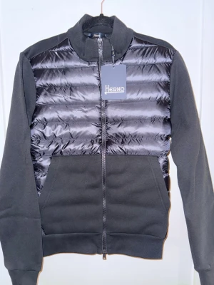 Svart dunjacka från Herno - Snygg svart dunjacka från Herno med quiltad front i glansigt material och mjuka ärmar samt rygg i sweatshirt-tyg. Jackan har hög krage, dragkedja framtill och två fickor. Perfekt för kalla vinterdagar och ger en modern look.