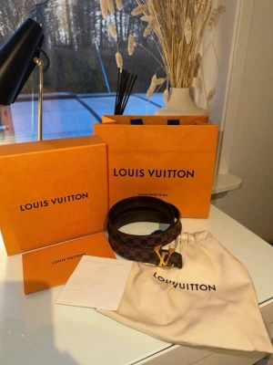 Brunt rutigt Louis Vuitton bälte - Säljer ett klassiskt brunt bälte från Louis Vuitton med det ikoniska rutiga Damier-mönstret och ett guldigt LV-spänne. Bältet är gjort i skinn och har exklusiv känsla, perfekt för att lyfta vilken outfit som helst.