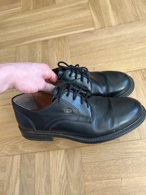 Svarta fin skor från JPW - Säljer ett par klassiska svarta fin skor från JPW i äkta läder. Skorna har snörning och en låg, robust sula. Insidan är brun och har en diskret logotyp på sidan. Perfekta för dig som vill ha en stilren och tidlös look.