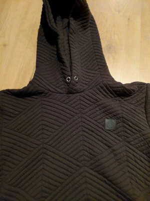 Svart quiltad hoodie med huva - Säljer en svart hoodie med quiltat mönster och stor huva. Hoodien har metallöljetter vid halsen och en liten patch på bröstet. Materialet är tjockt och strukturerat, perfekt för en cool och avslappnad stil.
