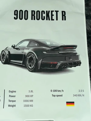 900 Rocket R affisch - Stilren poster med motiv av 900 Rocket R sportbil. Storlek 50x70 cm, perfekt för vägg i rum, gaming setup eller garage. Modern design med bilens specs på bilden. Bra skick.