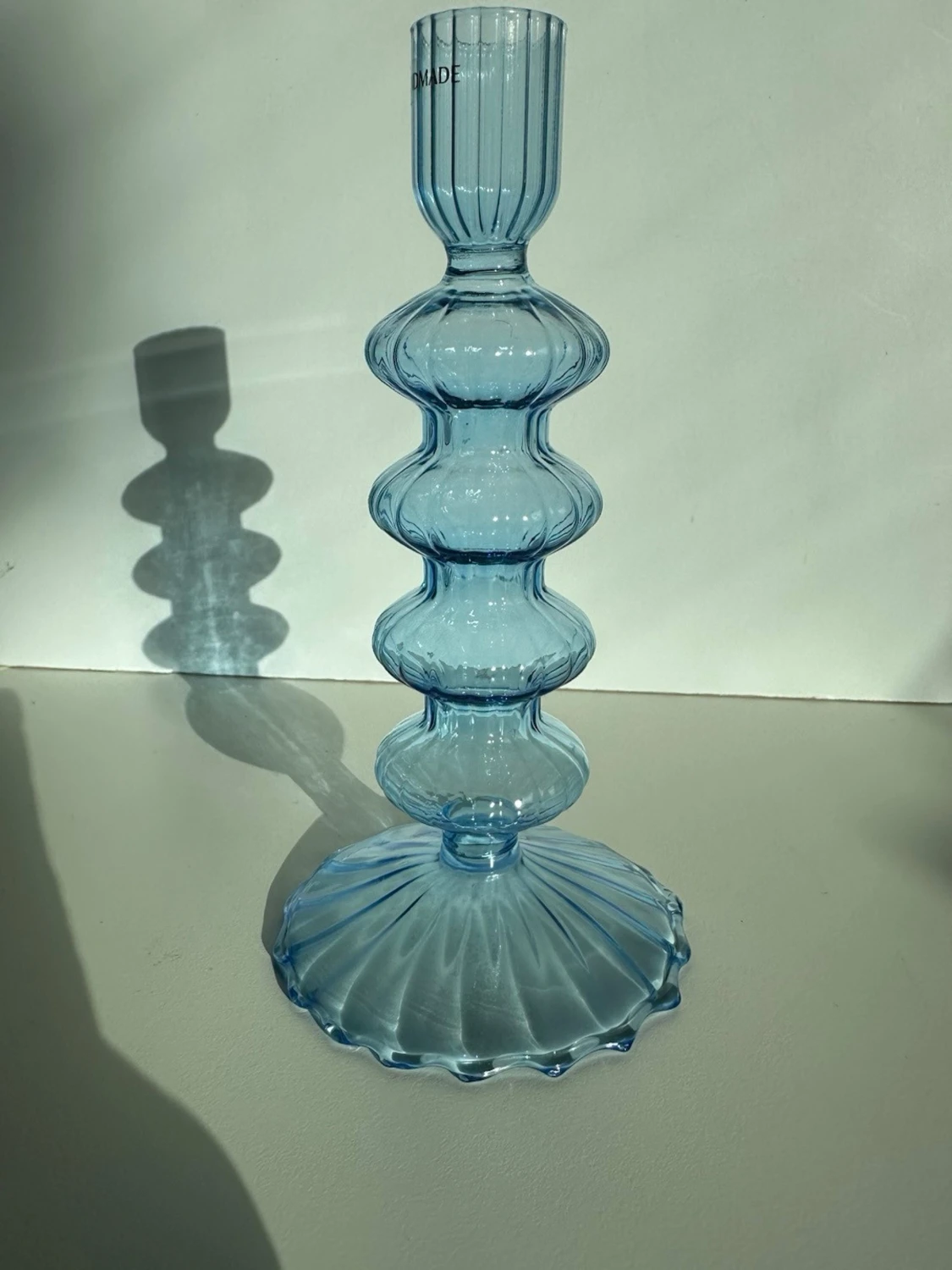 Blå glasljusstake med räfflade vågor - 2