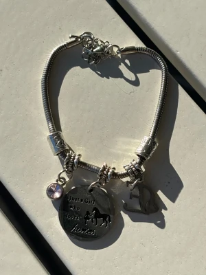 Silverfärgat armband med berlocker - Snyggt silverfärgat armband med flera berlocker, bland annat en rund bricka med texten 'Just a Girl who loves horses' och en häst, en glittrande pärla samt en hästsko. Armbandet har ormkedja och detaljerade ringar. Perfekt för dig som älskar hästar och vill ha något personligt.