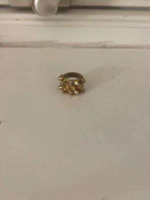 Silvrig ring med guldnitar - Cool ring i silverfärg med flera små guldfärgade nitar runt hela bandet. Ringen har en edgy och unik design som sticker ut och passar perfekt för dig som gillar att addera lite attityd till din stil. Har tappat lite färg högst upp på piggarna men syns inte från avstånd. Andvänt några någer.