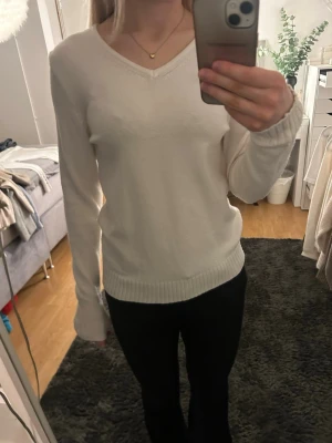 Vit stickad tröja med V-ringning - Klassisk vit stickad tröja med V-ringning och långa ärmar. Tröjan har ribbade muddar vid ärmslut och nederkant, vilket ger en snygg och enkel look. Perfekt att matcha med jeans eller kjol för en clean stil.