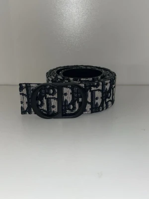 Svartvitt bälte från Christian Dior - Snyggt svartvitt bälte från Christian Dior med ikoniskt mönster och rundad metallspänne med CD-logga. Bältet har en stilren design och är tillverkat i tyg med exklusiv känsla. Perfekt accessoar för att lyfta din outfit.