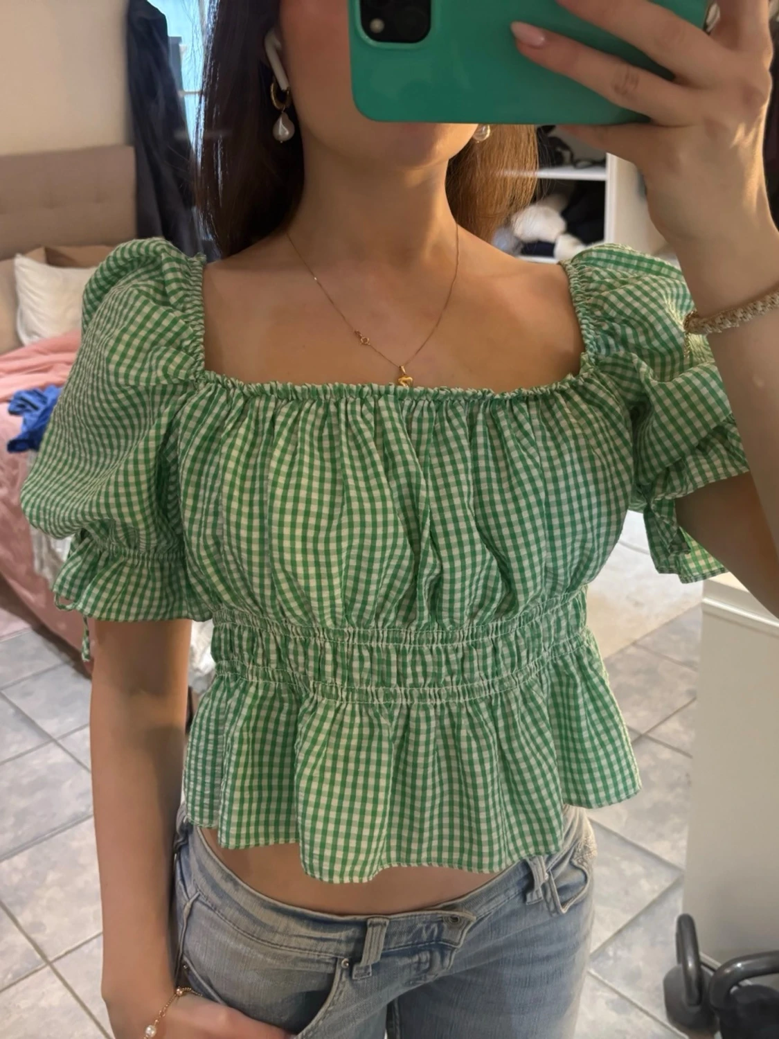 Grön rutig blus med puffärmar - 1