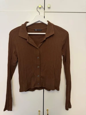 Brun ribbad tröja från Zara - Snygg brun ribbad tröja från Zara med långa ärmar och knappar framtill. Tröjan har en klassisk krage och är tillverkad i ett mjukt, stretchigt material som sitter skönt på kroppen. Perfekt att styla med jeans eller kjol för en trendig look.