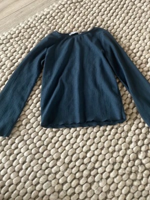 marinblå långarmad topp - En enkel och stilren mörkblå långärmad topp med rund halsringning. Toppen har en lätt ribbad struktur och rak passform, perfekt att matcha med jeans eller kjol. Materialet känns mjukt och följsamt mot huden. Aldrig använd.