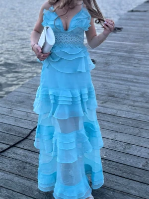 INTRESSKOLL på min balklänning långklänning med volanger - INTRESSKOLL på min balklänning som bara är använd en dag. Dan har volanger och spetsdetaljer i midjan. Klänningen har djup v-ringning, tunna axelband. Tryck inte på köp nu! Jag vill gärna se vad som kan erbjudas innan jag bestämmer om jag vill sälja. 