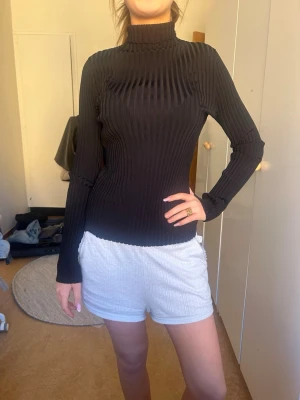Svart ribbad polotröja - Säljer en svart, ribbstickad polotröja med lång ärm och hög krage. Tröjan har en tight passform och är perfekt för lager på lager. Materialet känns mjukt och stretchigt, vilket gör den bekväm att bära hela dagen.