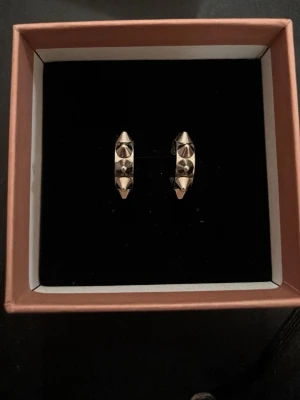 Edblad örhängen med nitar - Säljer ett par coola silvriga örhängen i form av små hoops med markerade nitar runt om. Örhängena har en edgy och modern design som sticker ut. Perfekta för dig som gillar accessoarer med attityd.