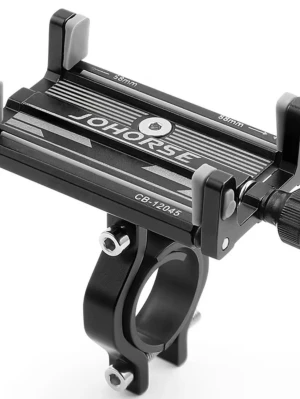 JOHORSE mobilhållare cykel svart metall - Snygg och robust mobilhållare från JOHORSE i svart metall, perfekt för att fästa mobilen på cykelstyret. Justerbar bredd mellan 55-85mm och smart design med skruvfäste för stabil montering. Passar de flesta smartphones och cyklar.
