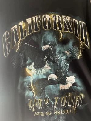 Svarta t-shirts med tryck - Två svarta t-shirts med coola tryck: en med örnar och texten 'CALIFORNIA 1982 TOUR', och en med en blå orm och texten 'PHOBIA'. Båda har korta ärmar och är gjorda i mjuk bomull. Perfekta för dig som gillar statement-plagg och grafiska motiv. Har massvis med tröjor så vill du ha fler tröjor är det bara att skriva i DM så kan vi komma överens om ett bra pris för 10-15 tröjor.  Alla i nyskick priset 900kr är alltså 15 tröjor 
