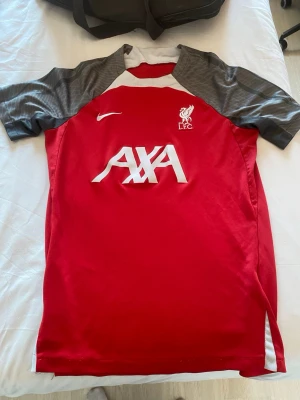 Liverpool tränings t-shirt Nike röd/grå - Säljer en Liverpool FC tränings t-shirt från Nike i rött med grå ärmar och vita detaljer. Tröjan har klubbmärke och Nike-logga på bröstet samt AXA sponsortryck. Perfekt för fotbollsträning eller som supporterplagg.