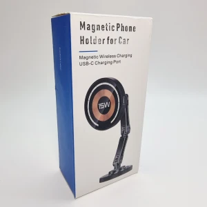 Magnetisk trådlös billaddare 15W med MagSafe - Magnetiska trådlösa billaddare med 15W snabbladdning och är kompatibel med MagSafe-teknik.  Den är designad för att säkert hålla din telefon på plats under körning samtidigt som den laddas effektivt. Laddaren har en justerbar arm för optimal placering och en USB-C-port för anslutning.  Den kompakta designen gör den enkel att installera i bilen.