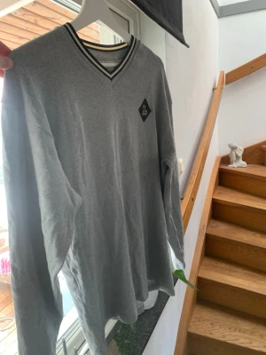 Grå långärmad tröja med V-ringning - Snygg grå långärmad tröja från Levis med V-ringad krage och randiga detaljer i halsen. Tröjan har en diskret logga på bröstet och är tillverkad i mjukt material som passar perfekt till en avslappnad stil.