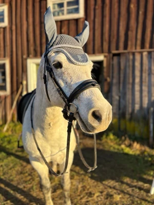 Häst Luva str: Full - Säljer en luva med öron i storlek full. Skyddet är virkat och har detaljer i ljusblått tyg samt en broderad logga framtill. Perfekt för att skydda hästens öron mot insekter och ljud under ridning. Använd, men i bra skick!