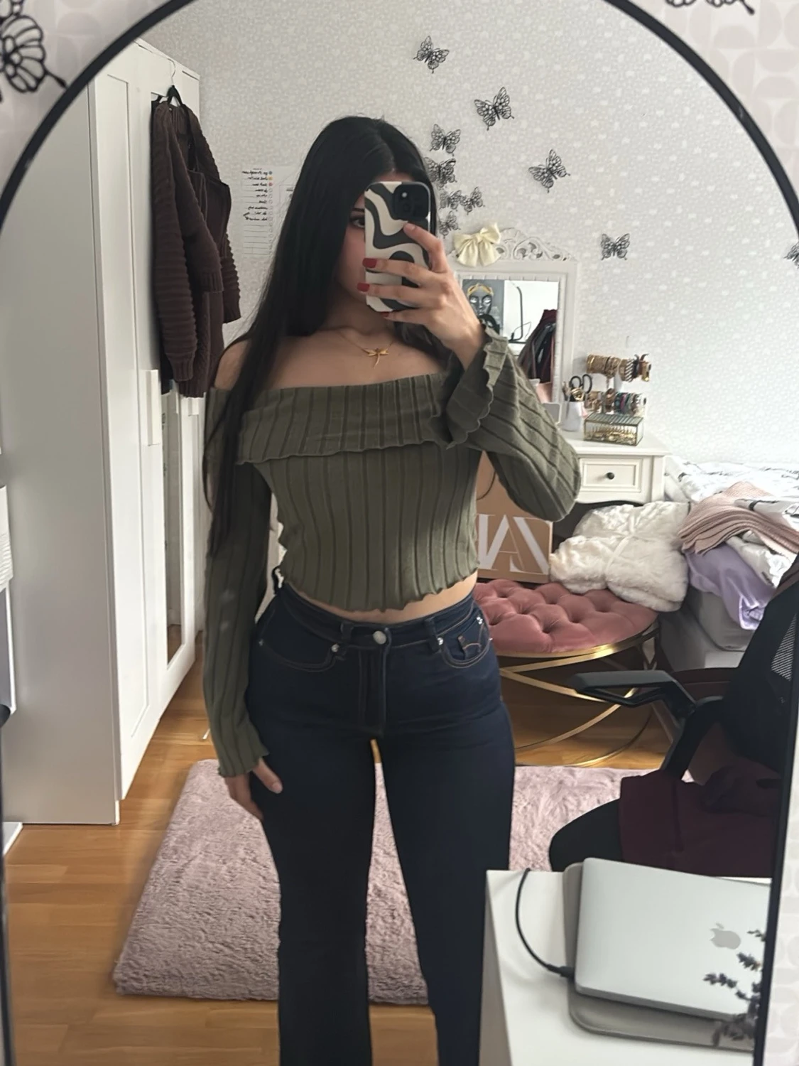 Olivgrön ribbad offshoulder topp