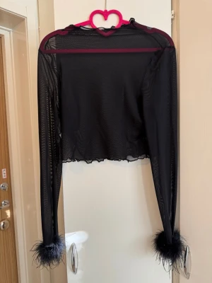 Croptop i mesh strl S - Svart crop top i mesh med långa ärmar. Toppen har en volangkant i halsen och nederkanten. Ärmsluten är dekorerade med svarta fjädrar.