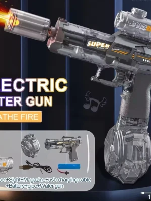 Elektrisk vattenpistol med tillbehör - Cool elektrisk vattenpistol i transparent och svart plast med orange detaljer. Medföljer magasin, sikte, USB-laddkabel, batteri och pip. Perfekt för vattenlekar och roliga utomhusaktiviteter. Modern design med extra räckvidd och tydliga detaljer. 