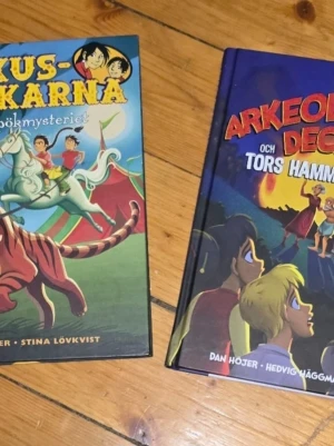 Cirkusdeckarna och spökmysteriet - En spännande barnbok med färgstarkt illustrerat omslag där två barn rider på en vit häst framför ett cirkustält och en tiger. Boken är skriven av Dan Höjer och illustrerad av Stina Lövkvist. Perfekt för dig som gillar mysterier och äventyr.