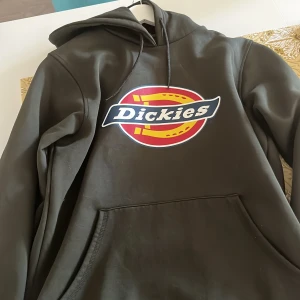 Svart Dickies hoodie med logga - Säljer en grön  hoodie från Dickies i storlek small. Tröjan har stor färgglad Dickies-logga på bröstet, huva med snörning och en klassisk känguruficka framtill. Perfekt för dig som gillar streetwear och vill ha en bekväm och snygg look.