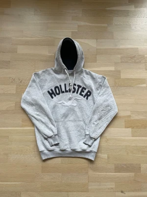 Grå hoodie från Hollister - Snygg grå hoodie från Hollister med stor logga och fågelmotiv på bröstet. Det står storlek Large men passar mer som en medium. Finns två små fläckar som visas på bild 4 men syns inte vid använding 