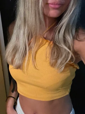 Gul/orange ribbad linnetopp med volang Zara - Snygg gul ribbad linnetopp med volangkant och knyt i nacken. Perfekt för dig som gillar färg och vill sticka ut lite extra. Toppen är ärmlös och har en croppad passform.