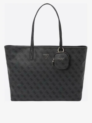 Svart shoppingväska från Guess - Stilren svart shoppingväska från Guess med logomönster över hela väskan. Väskan har två långa handtag, en praktisk ytterficka med dragkedja och en liten avtagbar miniväska framtill. Tillverkad i konstläder med metalliska detaljer och Guess-logga.