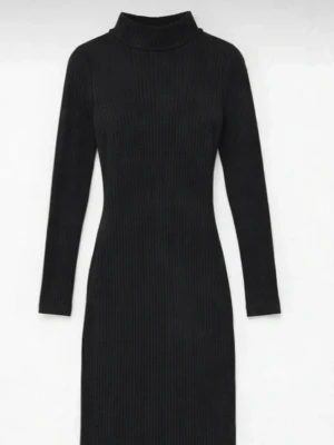 Svart ribbad långärmad klänning - En svart, ribbad klänning med lång ärm och hög krage. Klänningen har en kroppsnära passform och är perfekt för dig som gillar en stilren och enkel look. Materialet är stretchigt och bekvämt.