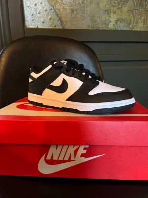 Nike Dunk Low Panda sneakers - Svarta och vita Nike Dunk Low sneakers med klassisk siluett och svart Swoosh på sidan. Skorna har svart yttersula, vita paneler och svarta detaljer i läder. Perfekta för dig som gillar stilrena och ikoniska sneakers. Helt oanvända. Säljer för att jag vill köpa grejor till min a traktor