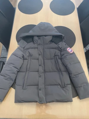Grå dunjacka från Canada Goose - Säljer en grå dunjacka från Canada Goose med huva och klassisk patch på ärmen. Jackan har raka kanaler, två sidofickor och stängs med både dragkedja och knappar. Perfekt för kalla vinterdagar och riktigt snygg streetstil.