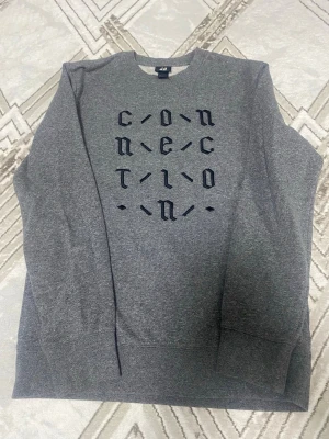 Grå sweatshirt från H&M med tryck - Säljer en grå sweatshirt från H&M med svart texttryck i gotisk stil på bröstet. Tröjan har rund halsringning och långa ärmar. Perfekt för en avslappnad och trendig look. Knappt andvänd