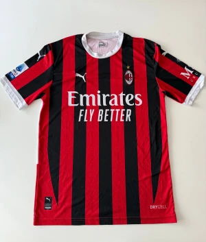 AC Milan matchtröja Puma röd/svart  - AC Milan matchtröja från Puma med klassiska röda och svarta vertikala ränder. Kortärmad modell med vita detaljer vid krage och ärmslut. Tryckta loggor från Emirates, MSC Cruises och Serie A på ärmarna. Tillverkad i lätt och ventilerande DryCell-material.