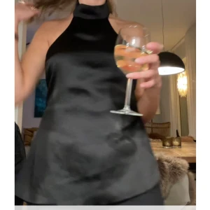 Svart halterneck topp i satin - Snygg svart halterneck topp i glansigt satinmaterial med hög krage. Toppen är ärmlös och har en loose passform som ger en elegant siluett. Perfekt att styla med både jeans och kjol för en trendig look.