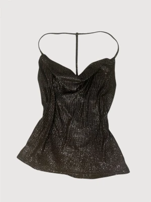 Glittrig vintage y2k topp - Glittrig cowl-neck topp från New look med öppen rygg. Dubbelt tyg vid brösten. Fint skick. Perfekt till nyår! ☺️