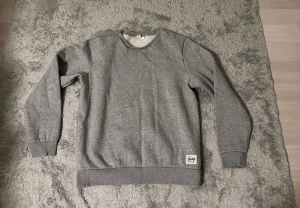 Grå sweatshirt från Andy - En enkel och stilren grå sweatshirt från Andy med rund hals och ribbade muddar vid ärmslut och nederkant. Perfekt för chill dagar och har en liten vit logotyp-patch nedtill. Passar dig som gillar klassisk och clean stil.