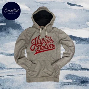 Grå Hilfiger Denim hoodie med röd brodyr - Snygg grå hoodie från Hilfiger Denim med stor röd broderad logga på bröstet | Size M passar M/ lite större S | Vintage och bra skick