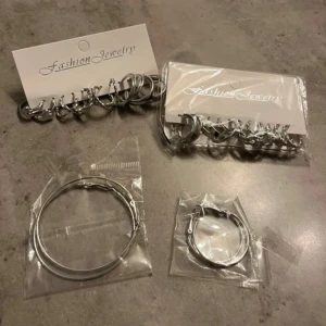 Set med silvriga örhängen  - Säljer ett stort set med silvriga örhängen i olika former och storlekar. Setet innehåller både släta och tvinnade hoops, samt mindre och större ringar. Perfekt för dig som gillar att mixa och matcha örhängen i öronen.