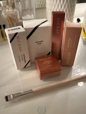 Hickap set - Innehåller: Borste - 117/Angled eyebrow, cream eyeshadow färg - stardust, blur stick, lipgloss färg - 05, liquid highlighter färg - champagne (går inte köpa), parfym moonlit rose (går inte köpa). Värde ca 1 400 kr. Kom med bud.