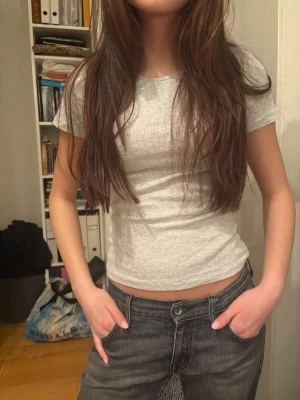 Ljusgrå ribbad t-shirt - Säljer en ljusgrå ribbad t-shirt med korta ärmar. T-shirten har en tight passform och är tillverkad i ett mjukt bomullsmaterial. Enkel och clean design som passar perfekt till jeans eller kjol.