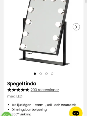 Sminkspegel Linda med LED - Vill sälja en sminkspegel för har två stycken ungefär likadana (den andra vill jag behålla). Helt oöppnad och oanvänd! Sminkspegel Linda med LED-belysning, svart ram och rektangulär form. Spegeln har 12 runda LED-lampor runt kanten, tre ljuslägen (varm, kall och neutralvit) samt dimringsbar belysning. Kan roteras 360° för flexibel användning. Perfekt för att fixa sminket med proffsig belysning. Höjd: 47cm. Bredd 36,5cm.
